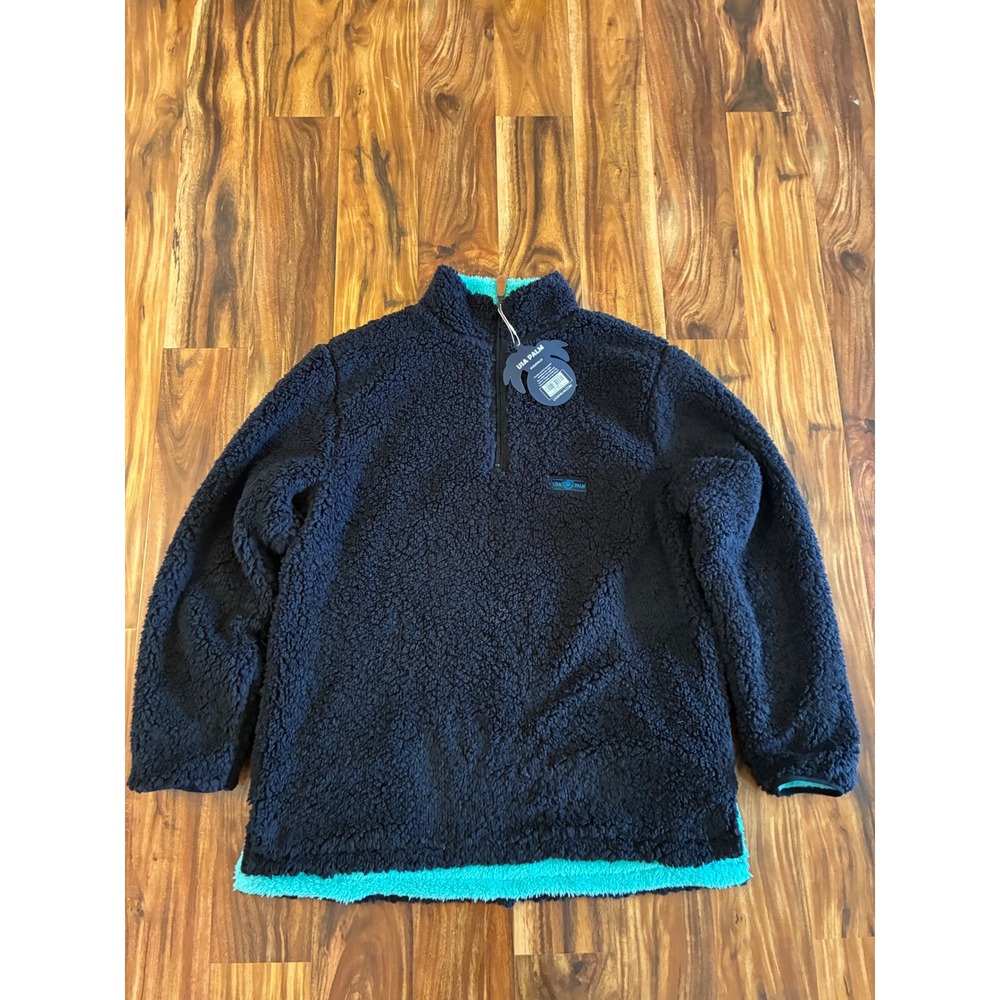 USA Palm Reversible Sherpa Pullover 1/4 Zip Fleece Black Aqua SP1884-L Large